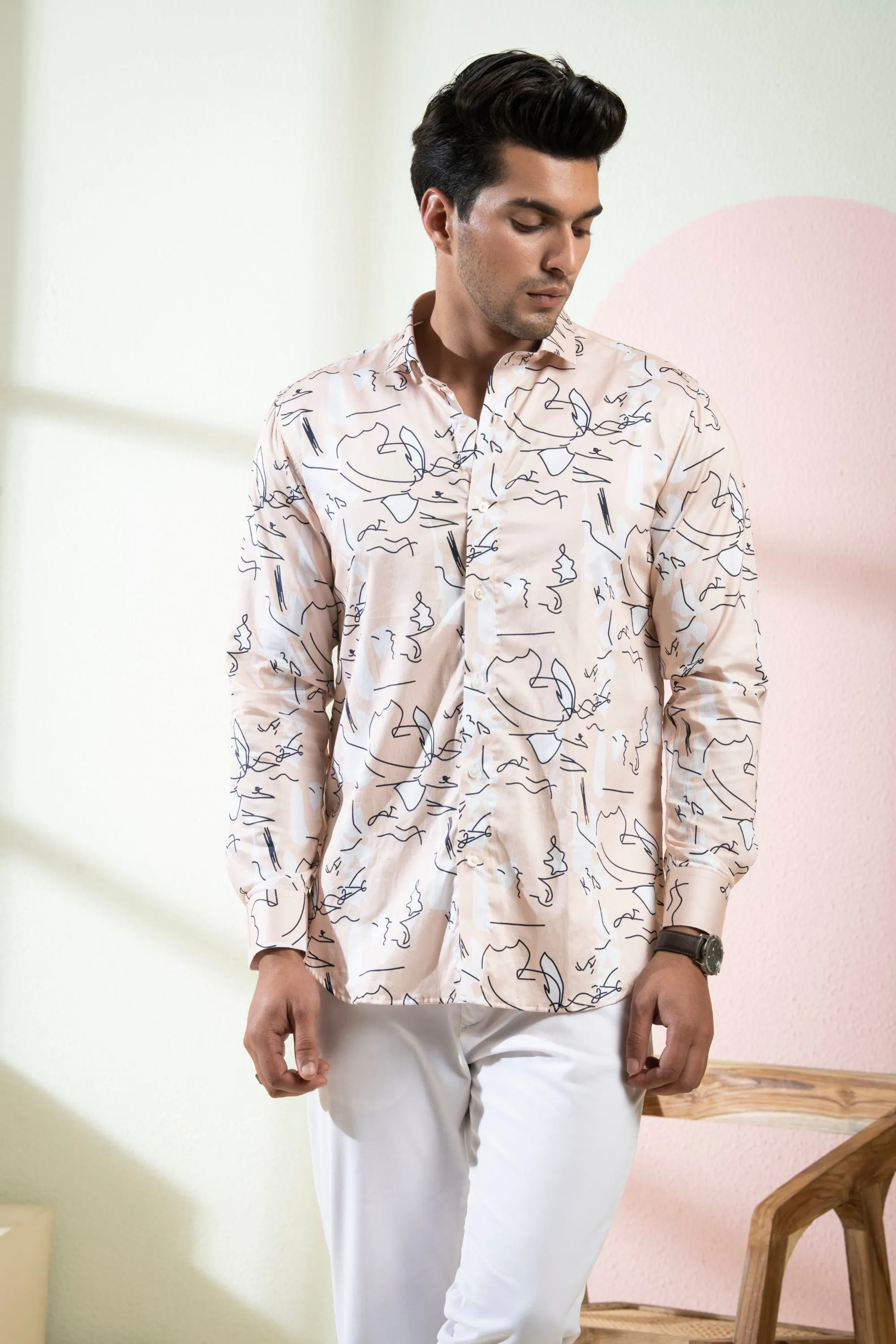 Men's Peach Color Veined Full Sleeves Shirt - Hilo Design