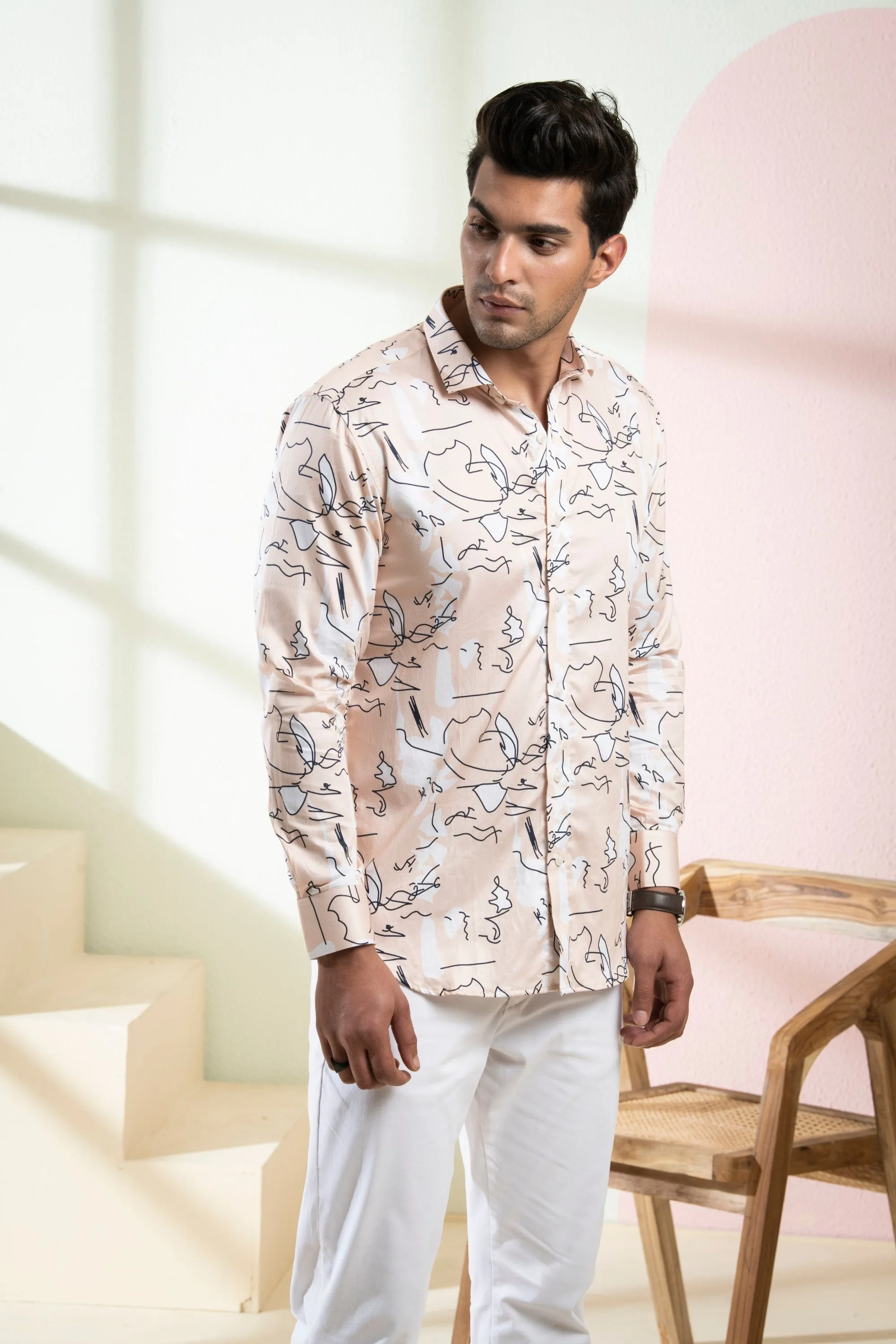 Men's Peach Color Veined Full Sleeves Shirt - Hilo Design