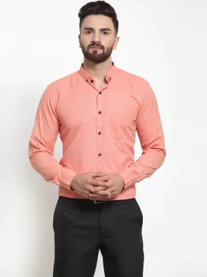 Men's Peach Cotton Solid Button Down Formal Shirts - Taantav