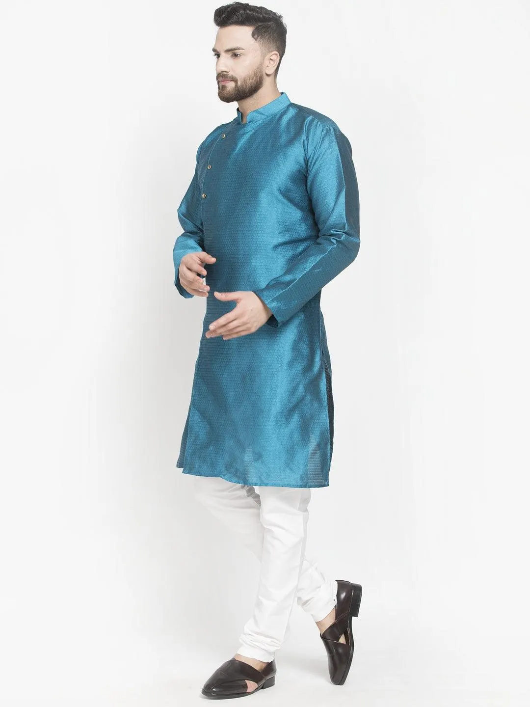 Men's Peacock Blue Self Design Kurta With White Churidaar Pyjama - Benstoke