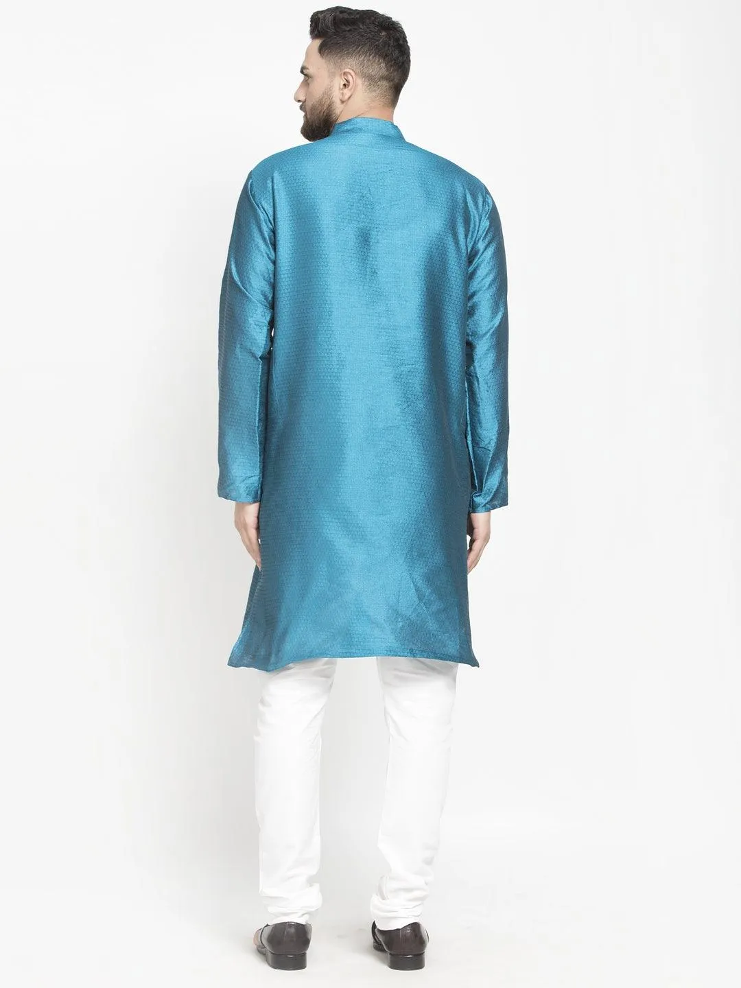 Men's Peacock Blue Self Design Kurta With White Churidaar Pyjama - Benstoke