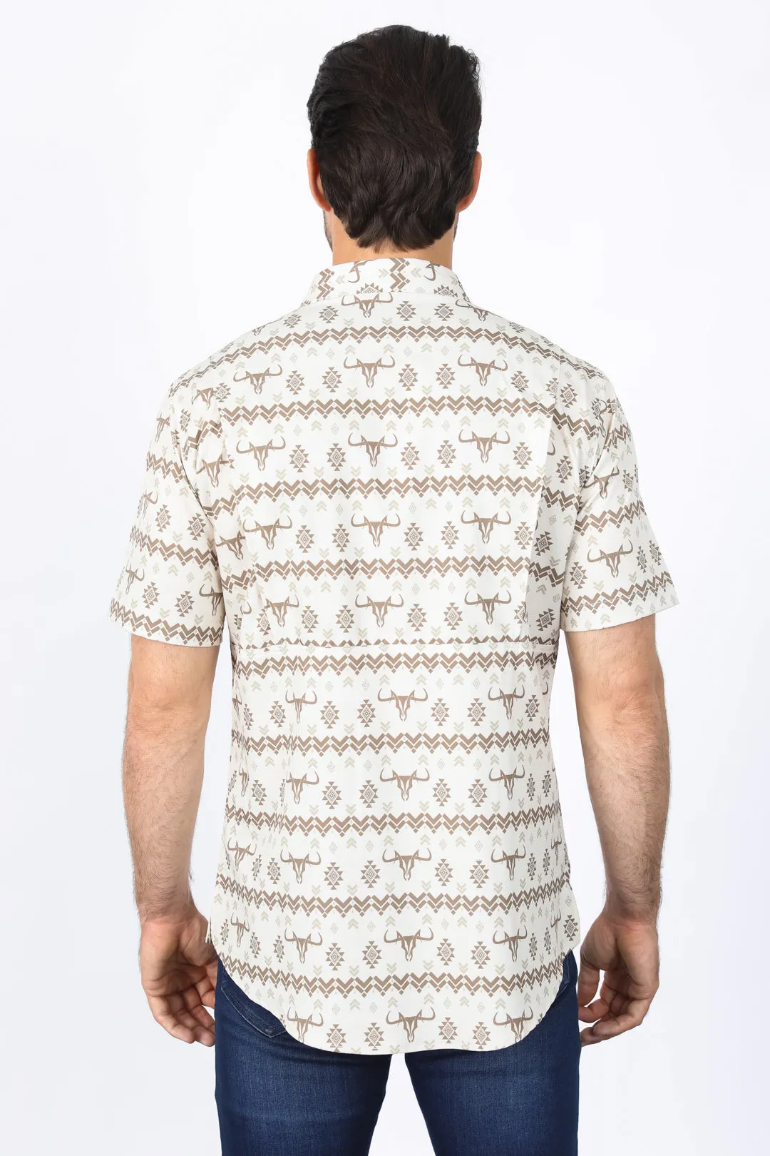 Mens Performance Classic Fit Western Beige Short Sleeve Aztec Print Shirt