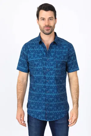 Mens Performance Classic Fit Western Navy Short Sleeve Aztec Print Shirt