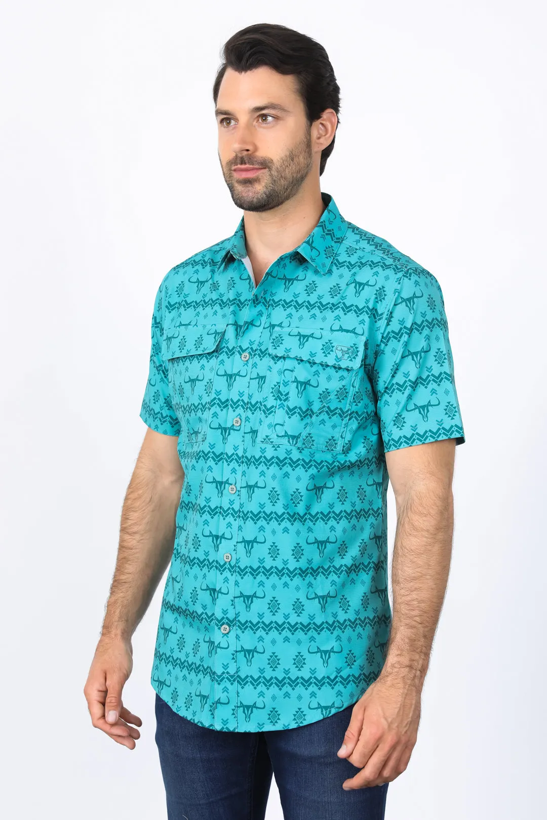 Mens Performance Classic Fit Western Sage Short Sleeve Aztec Print Shirt