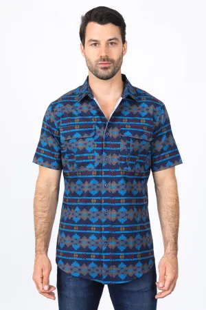 Mens Performance Classic Fit Western Short Sleeve Aztec Print Navy Shirt