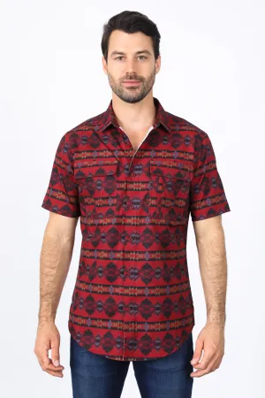 Mens Performance Classic Fit Western Short Sleeve Aztec Print Red Shirt