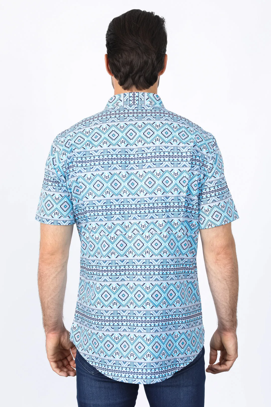 Mens Performance Classic Fit Western Short Sleeve Aztec Print White/Blue Shirt