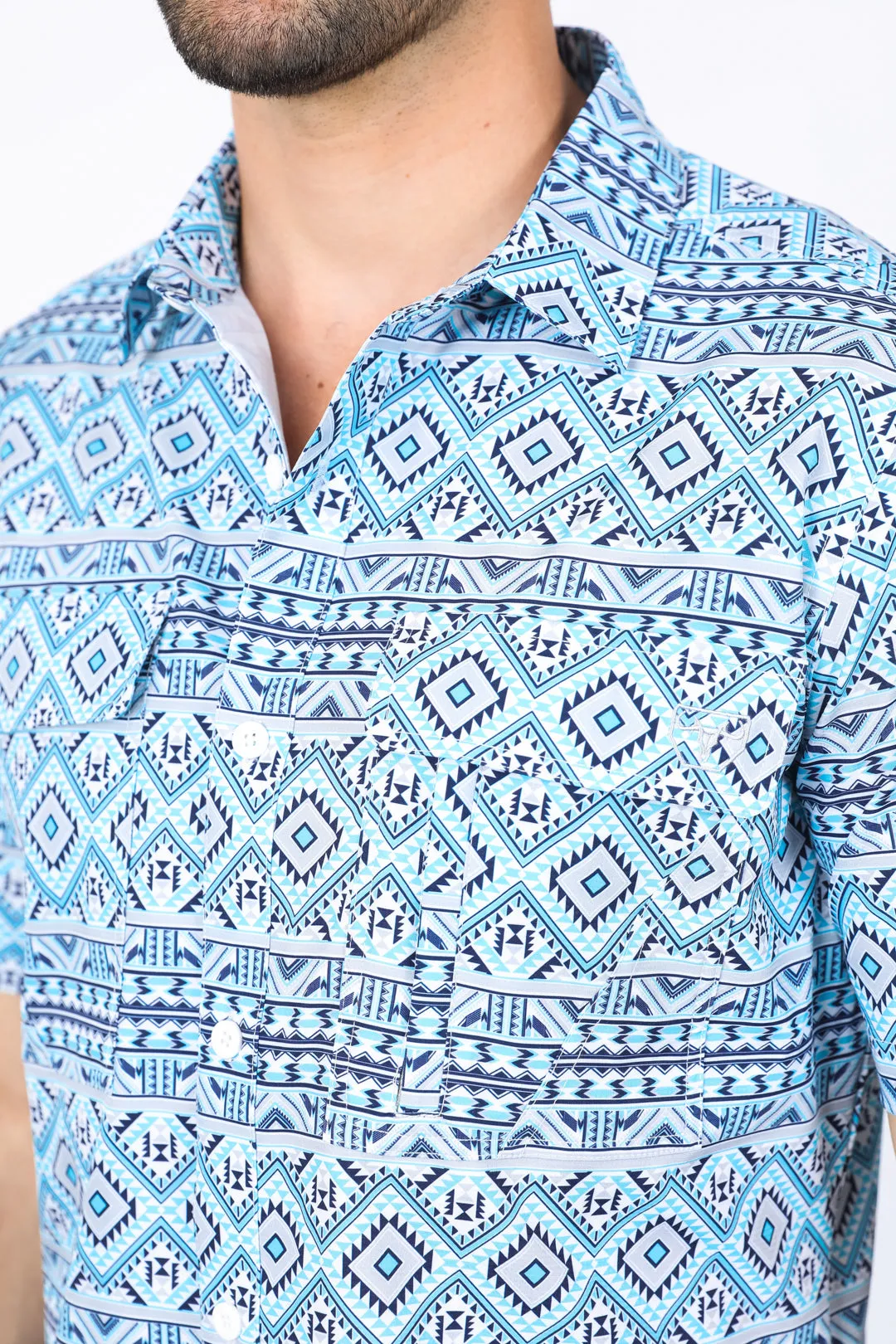 Mens Performance Classic Fit Western Short Sleeve Aztec Print White/Blue Shirt