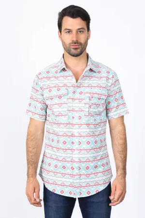 Mens Performance Classic Fit Western Short Sleeve Aztec Print White/Salmon Shirt