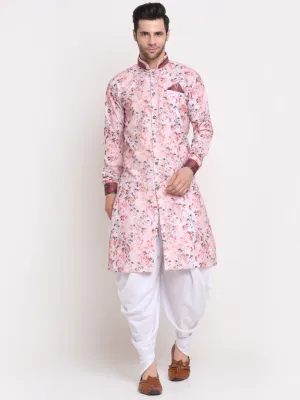 Men's Pink & Multi Printed Kurta With White Dhoti Pant - Benstoke