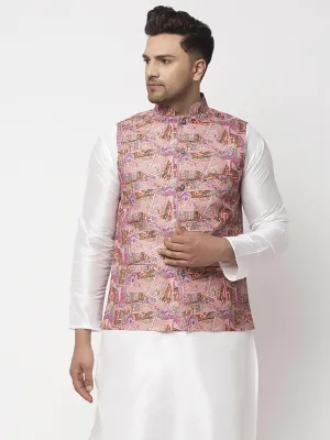 Men's Pink & Multi Printed Nehru Jacket - Benstoke