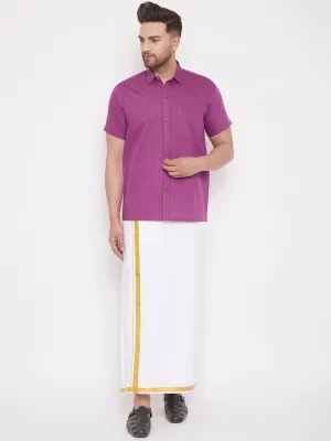 Men's Pink And White Cotton Blend Shirt And Mundu - Vastramay