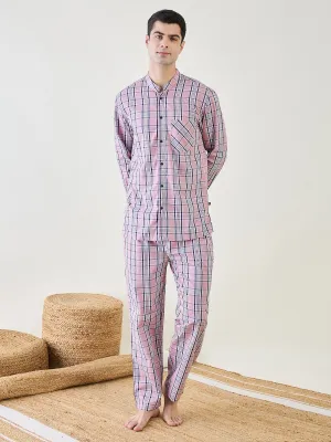 Mens Pink Checks Cotton  Pyjama  Set