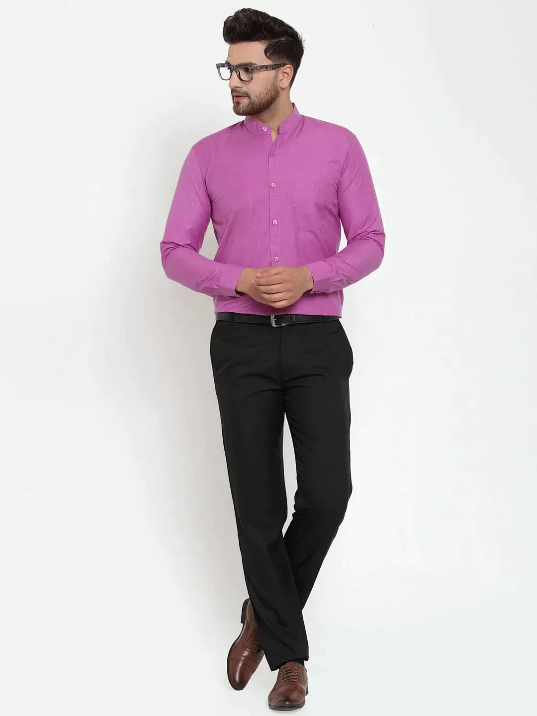 Men's Pink Cotton Solid Mandarin Collar Formal Shirts - Taantav