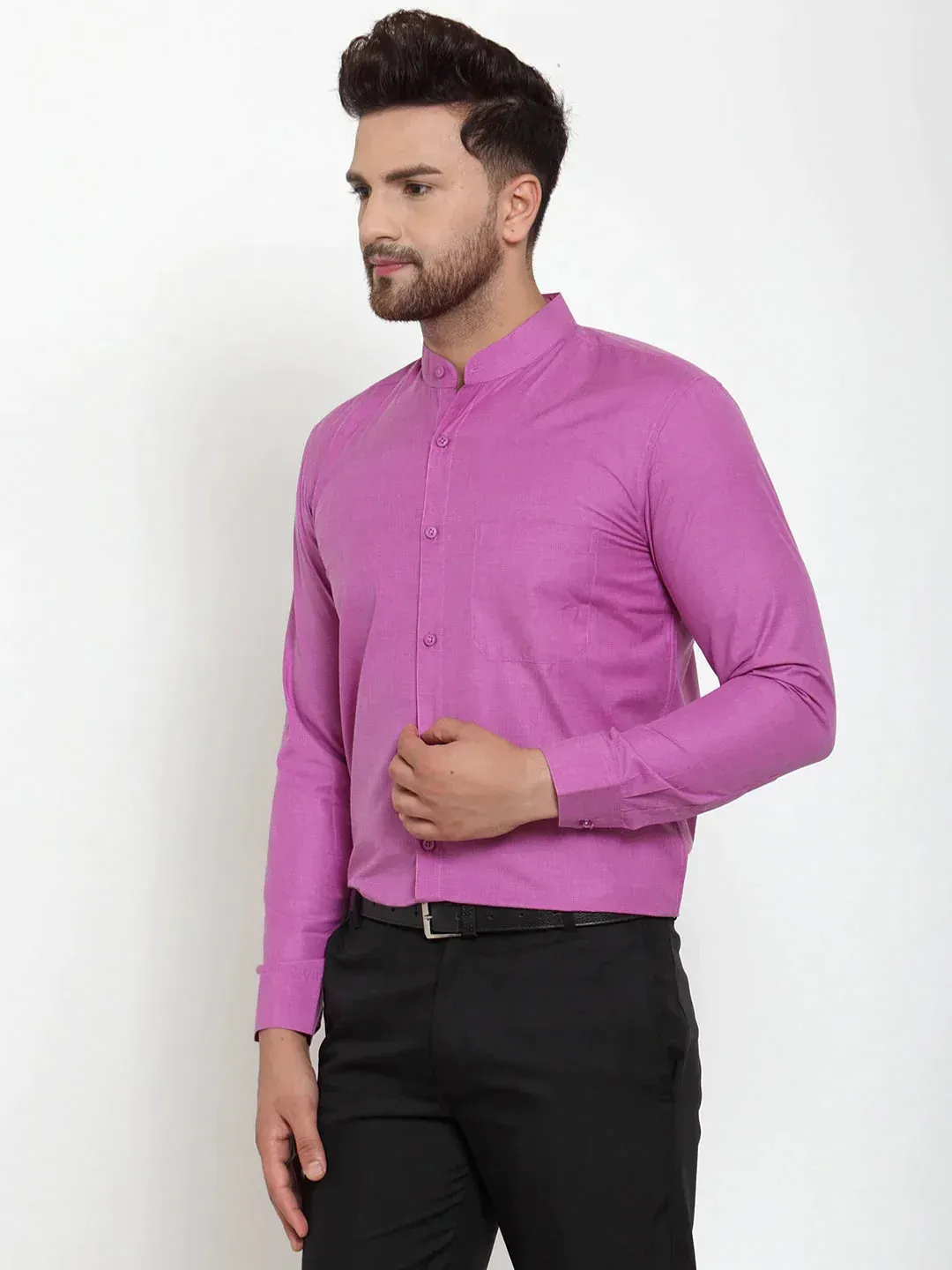 Men's Pink Cotton Solid Mandarin Collar Formal Shirts - Taantav