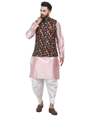 Men's Pink Kurta With White Dhoti & Black Printed Nehru Jacket - Benstoke