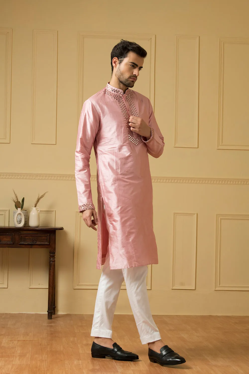 Men's Pink Mirror Kurta - Hilo Design