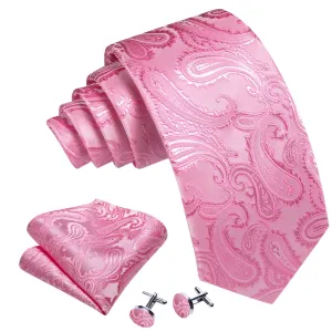 Men's Pink Paisley 100% Silk Neck Tie With Matching Hanky And Cufflinks Set