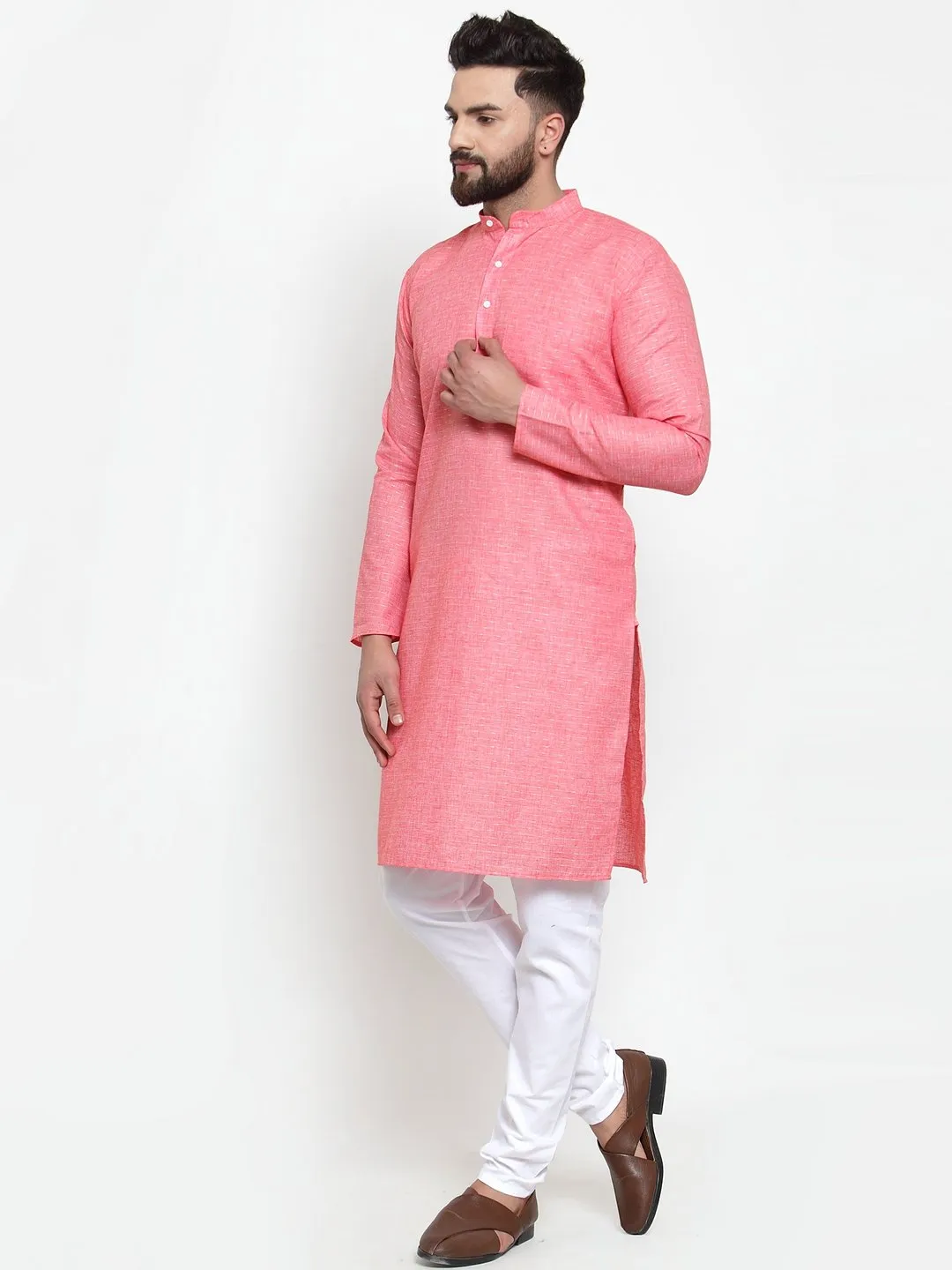 Men's Pink Self-design Kurta with Churidar ( JOKP 605 Pink ) - Virat Fashions