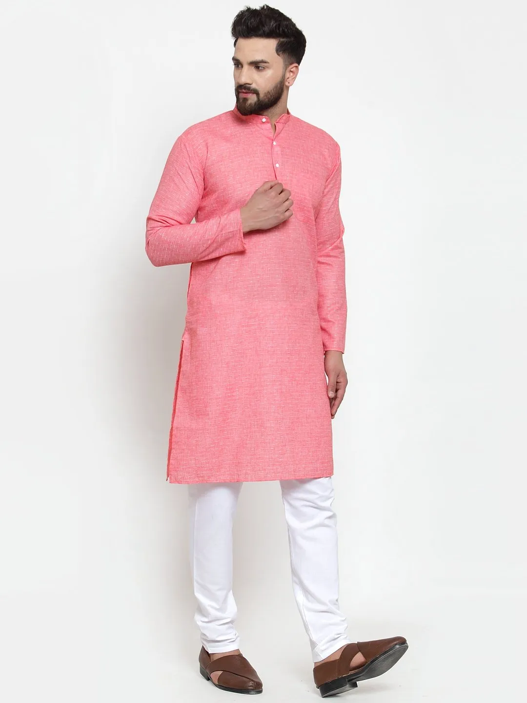 Men's Pink Self-design Kurta with Churidar ( JOKP 605 Pink ) - Virat Fashions