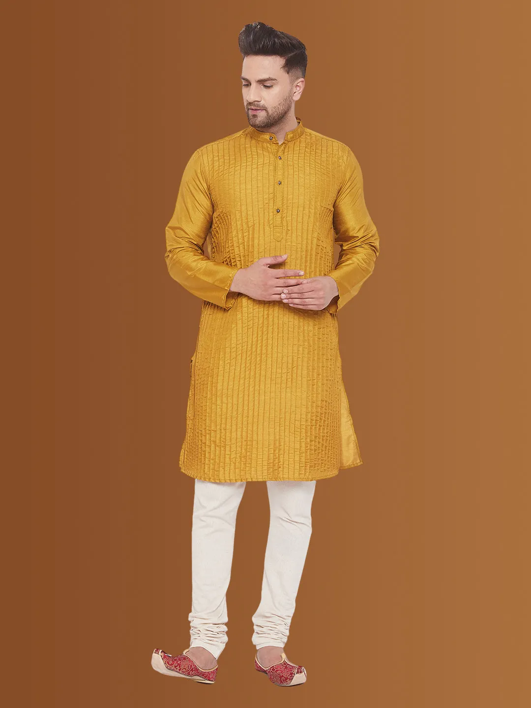 Men's Pintuck Fancy Beige Kurta - Even Apparels