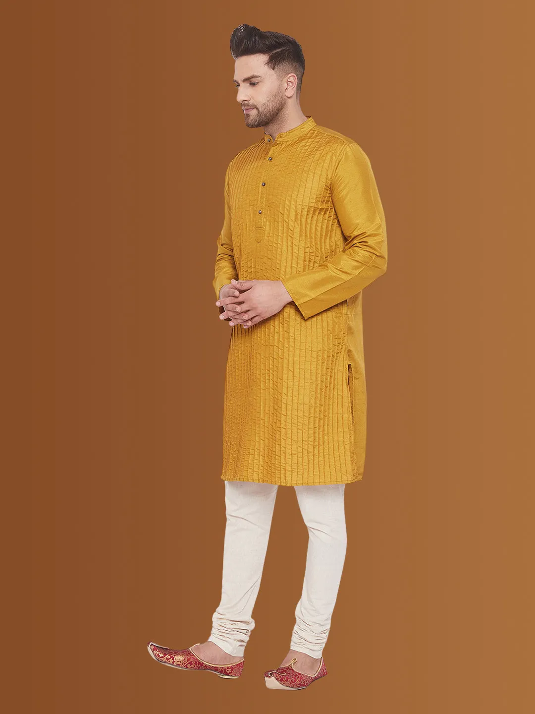 Men's Pintuck Fancy Beige Kurta - Even Apparels