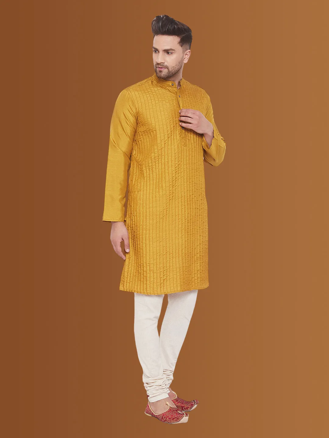 Men's Pintuck Fancy Beige Kurta - Even Apparels