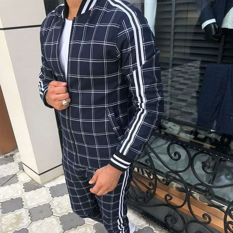 Men's Plaid Pattern Side Stripe Bomber Jacket & Pants Sweatsuit