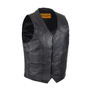 Mens Plain Black Leather Motorcycle Vest With Gun Pocket Solid Back