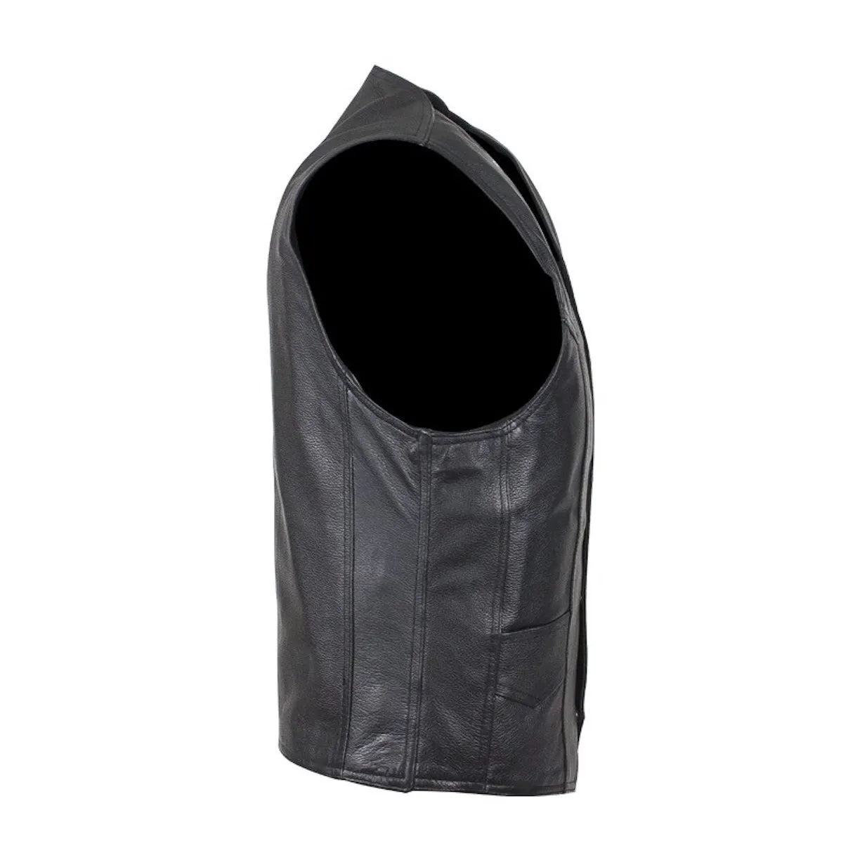 Mens Plain Black Leather Motorcycle Vest With Gun Pocket Solid Back