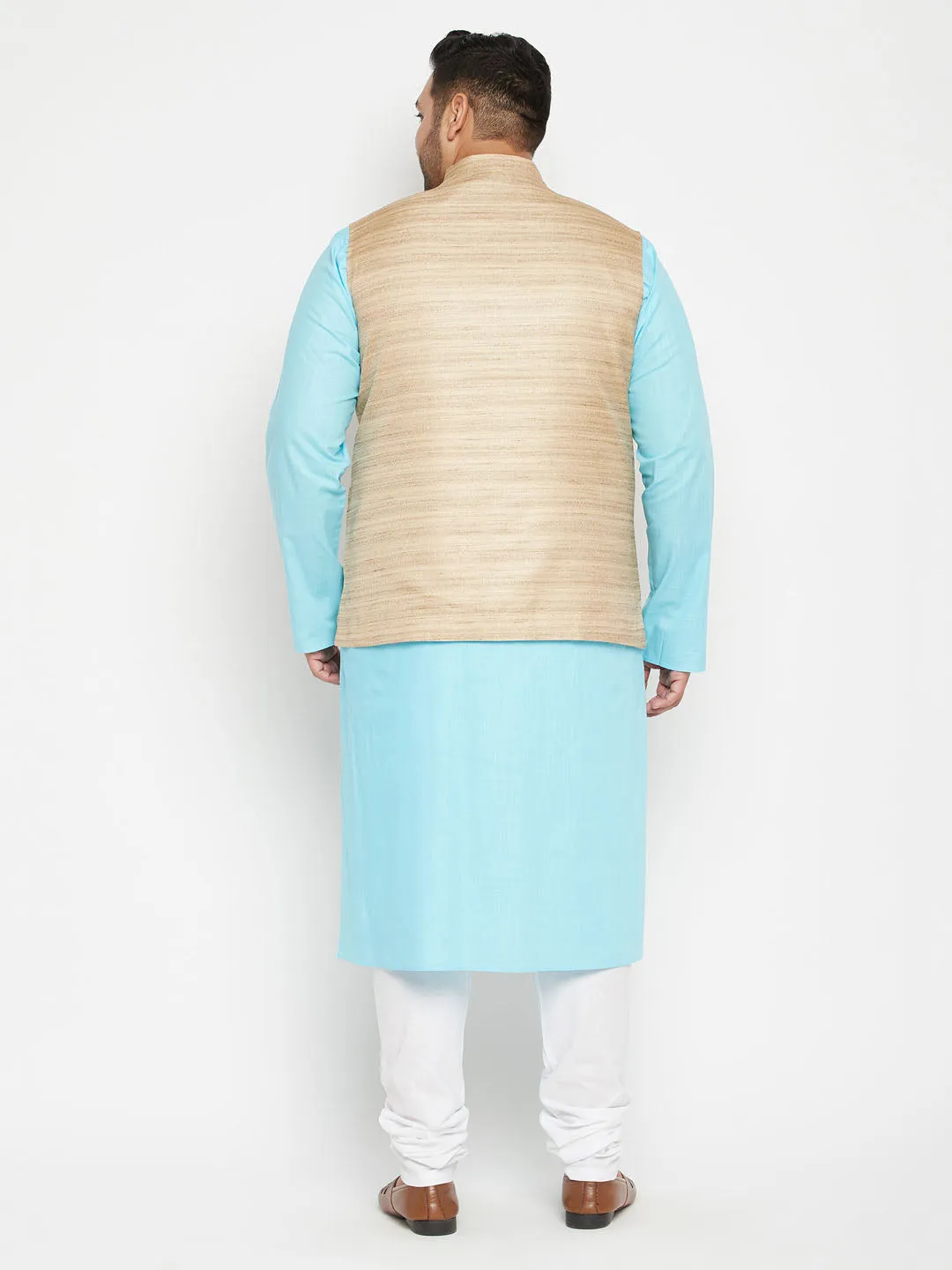 Men's Plus Aqua Blue, Beige And White Cotton Blend Jacket Kurta Pyjama Set - Vastramay