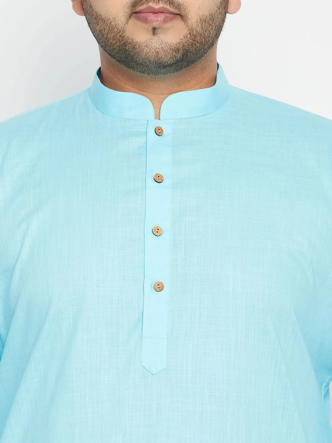 Men's Plus Aqua Blue, Beige And White Cotton Blend Jacket Kurta Pyjama Set - Vastramay