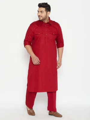 Men's Plus Maroon Cotton Blend Pathani Set - Vastramay