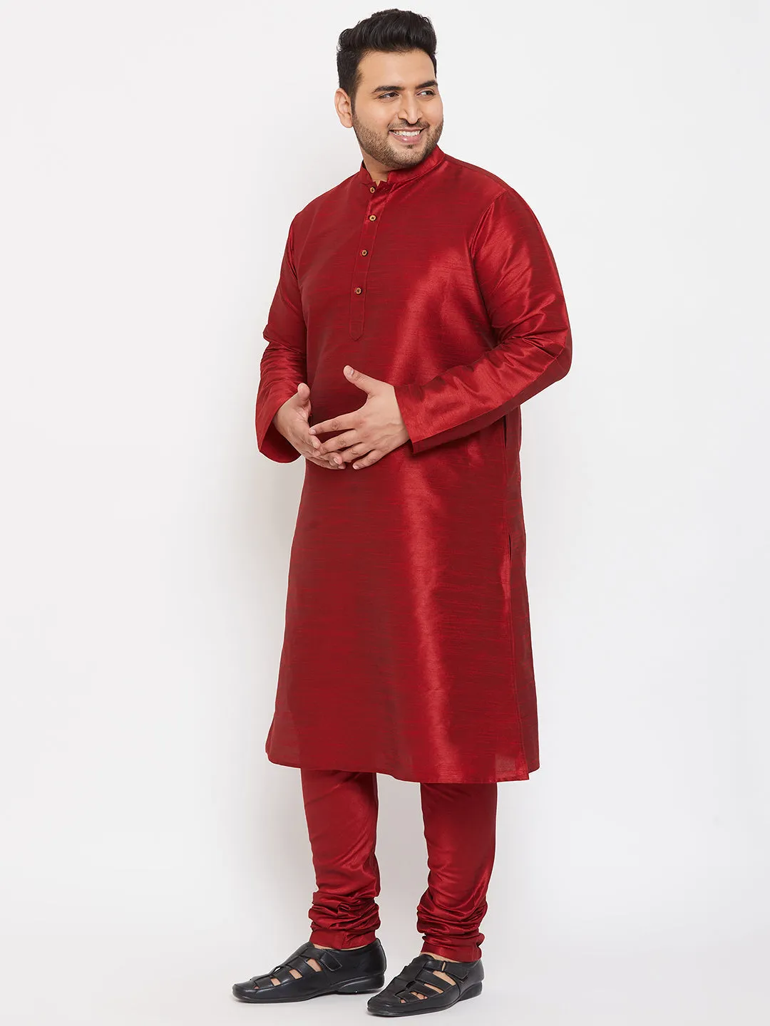 Men's Plus Maroon Silk Blend Kurta Pyjama Set - Vastramay