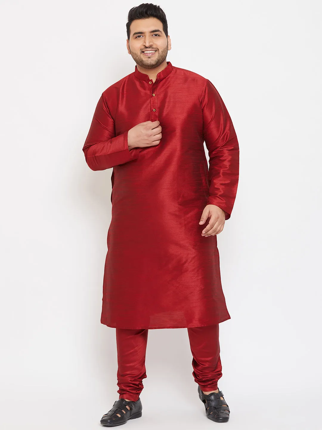 Men's Plus Maroon Silk Blend Kurta Pyjama Set - Vastramay