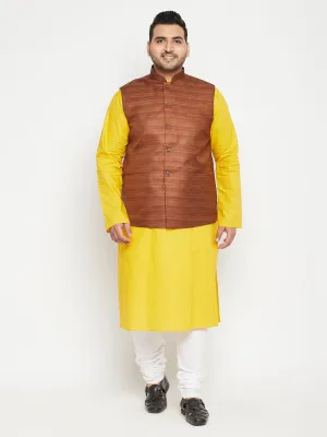 Men's Plus Mustard, Coffee Brown And White Cotton Blend Jacket Kurta Pyjama Set - Vastramay