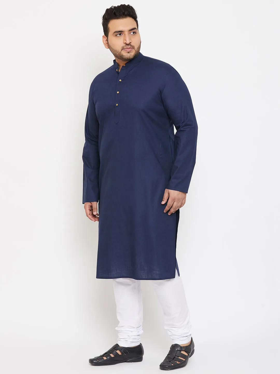 Men's Plus Navy Blue And White Cotton Blend Kurta Pyjama Set - Vastramay