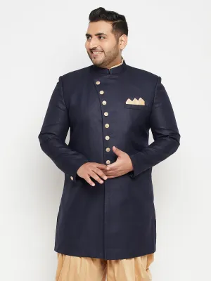 Men's Plus Navy Blue Silk Blend Sherwani Top - Vastramay