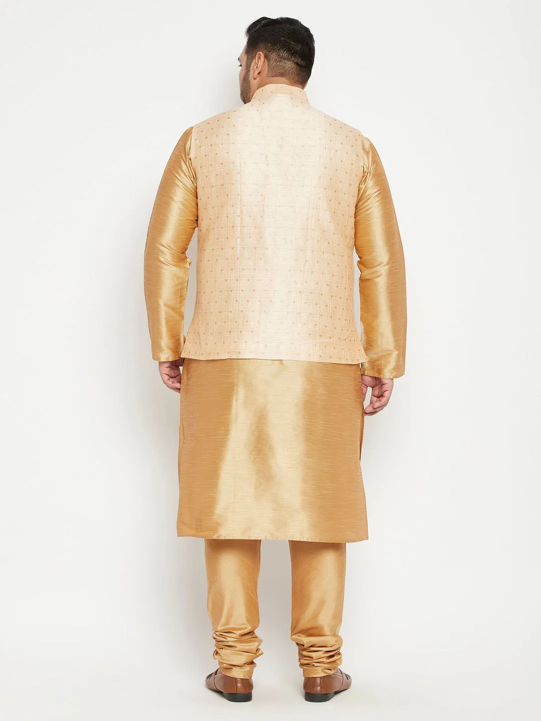 Men's Plus Rose Gold, Gold And White Silk Blend Jacket Kurta Pyjama Set - Vastramay