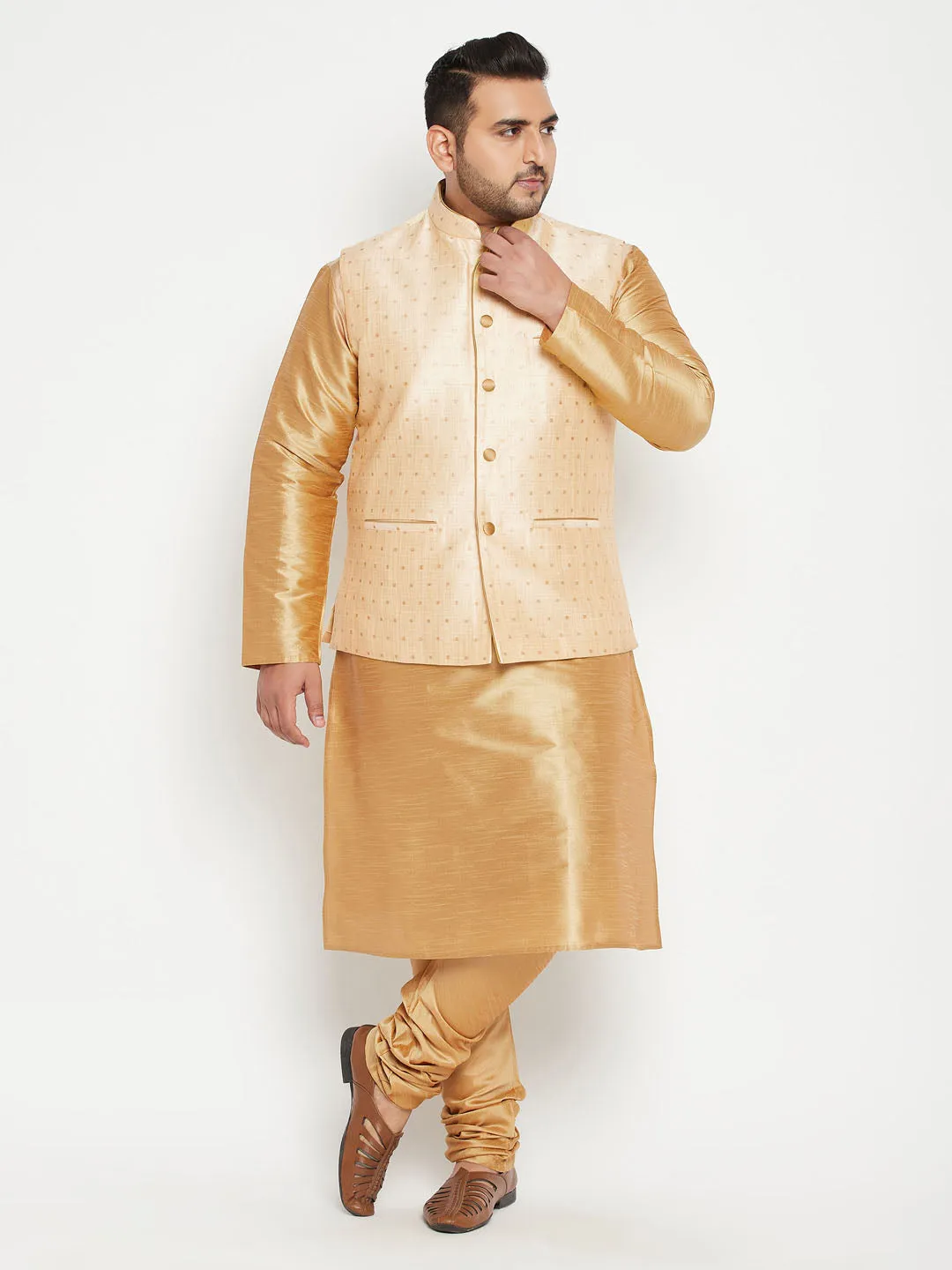 Men's Plus Rose Gold, Gold And White Silk Blend Jacket Kurta Pyjama Set - Vastramay