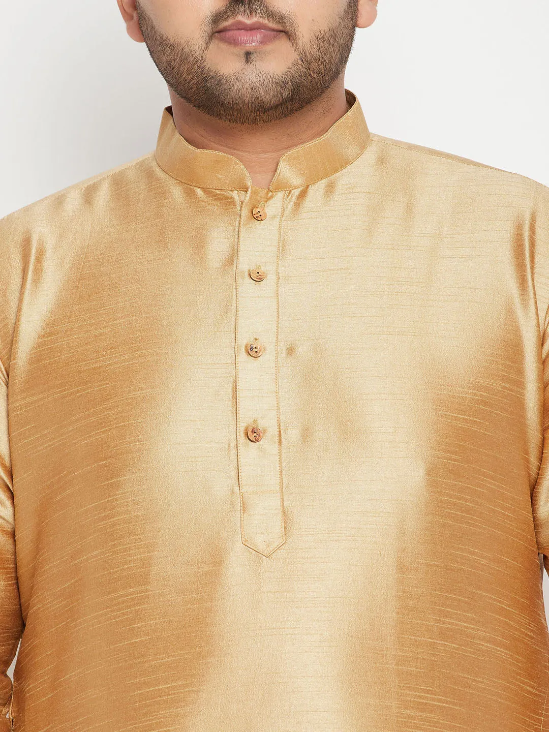 Men's Plus Rose Gold, Gold And White Silk Blend Jacket Kurta Pyjama Set - Vastramay