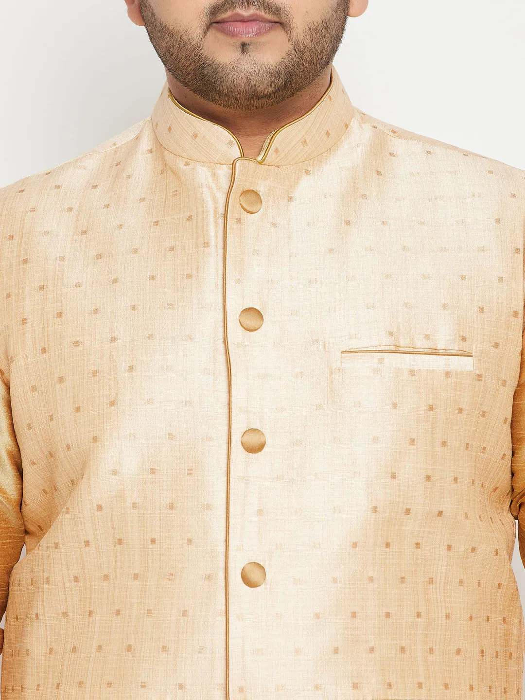 Men's Plus Rose Gold, Gold And White Silk Blend Jacket Kurta Pyjama Set - Vastramay