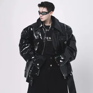 Men's PU Leather Jackets Personality Lapel Shoulder Padded Niche Design Patchwork Male Short Coat Niche Design 9A5827