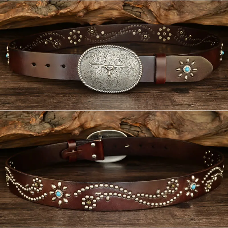 Men's Punk Rivet Longhorn Bull Turquoise Real Leather Belt