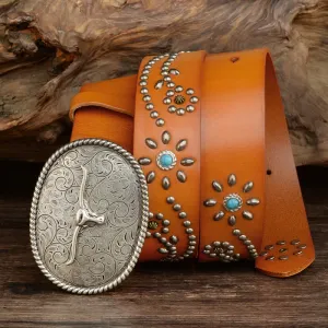 Men's Punk Rivet Longhorn Bull Turquoise Real Leather Belt