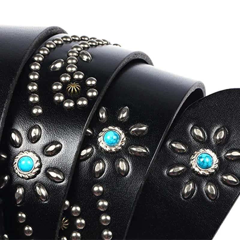 Men's Punk Rivet Longhorn Bull Turquoise Real Leather Belt