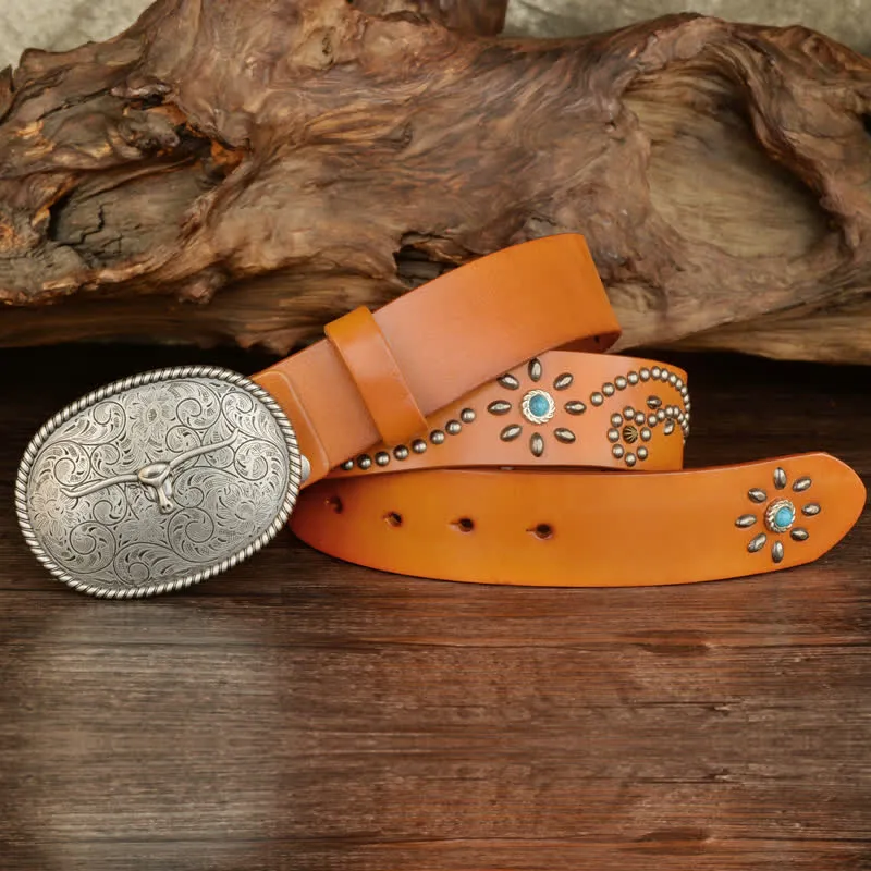 Men's Punk Rivet Longhorn Bull Turquoise Real Leather Belt