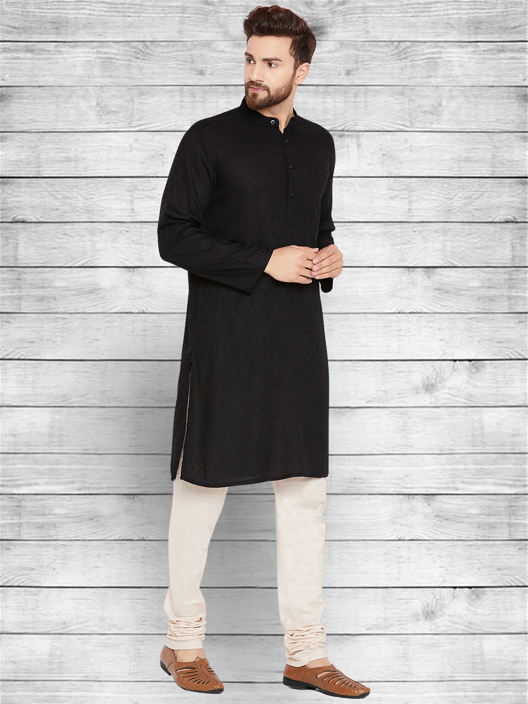 Men's Pure Cotton Black Kurta - Even Apparels