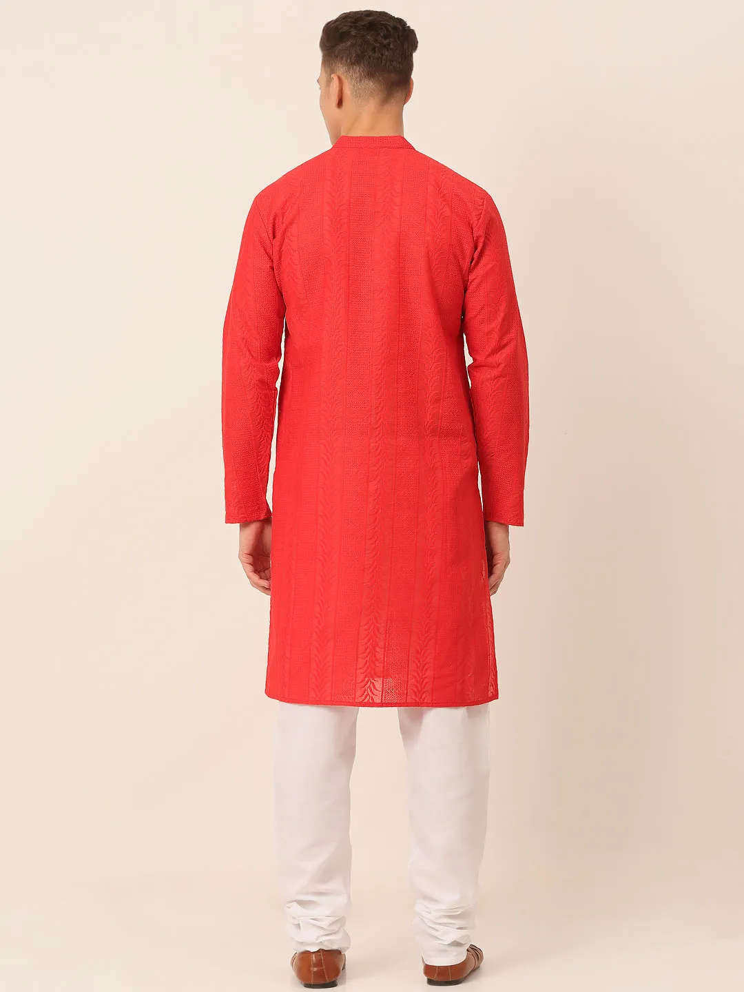 Men's Pure Cotton Embroidered Kurta Pyjama Set ( Jokp 660 Red ) - Virat Fashions