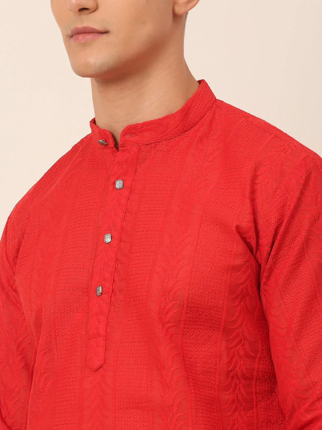 Men's Pure Cotton Embroidered Kurta Pyjama Set ( Jokp 660 Red ) - Virat Fashions